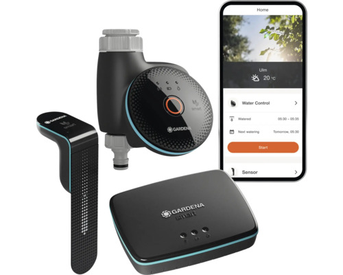 Gardena Smart System med bevattningsstyrning, sensor och gateway samt smartphone med appvisning
