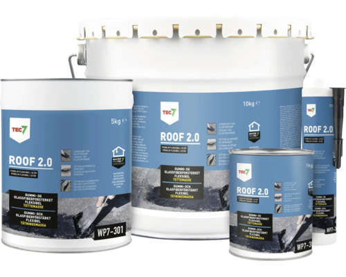 Olika förpackningsstorlekar av Tec7 Roof 2.0 gummi och glasfiberförstärkt flexibel tätningsmassa