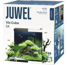 Förpackning av Juwel Vio Cube 54 akvarium med information om storlek och funktioner