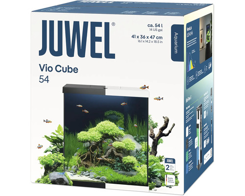 Förpackning av Juwel Vio Cube 54 akvarium med information om storlek och funktioner