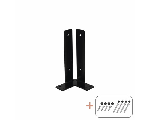 Två vinkelbeslag av metall med skruvar och täcklock