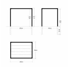 Teknisk ritning av ett trädgårdsskjul med mått i centimeter