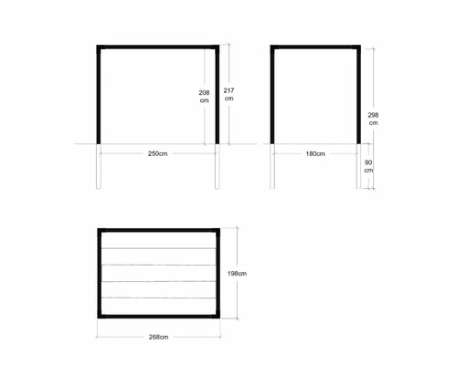 Teknisk ritning av ett trädgårdsskjul med mått i centimeter