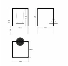 Ritning av en gunga med måtten 298 cm höjd, 180 cm bredd, 208 cm gunghöjd, 198 cm golvyta