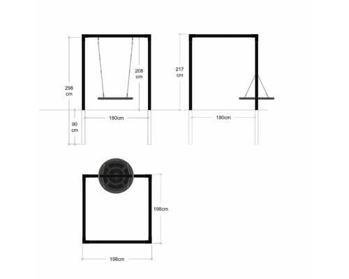 Ritning av en gunga med måtten 298 cm höjd, 180 cm bredd, 208 cm gunghöjd, 198 cm golvyta