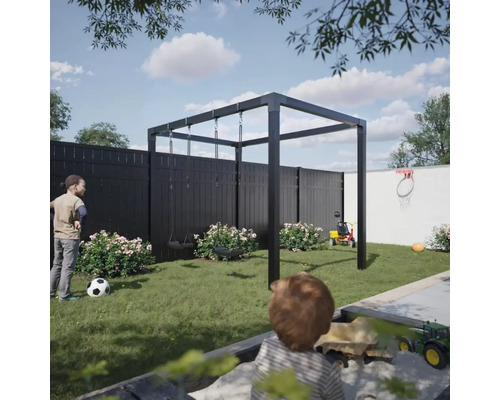 Trädgårdsscen med lekplats, gunga, boll, leksaksbil och ett barn