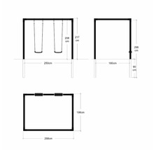 Teknisk ritning av lekplatsens gungställning med dimensioner.