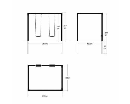 Teknisk ritning av lekplatsens gungställning med dimensioner.