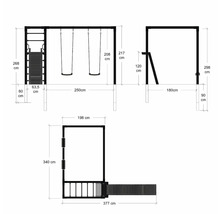 Måttritning av en lekplats med gunga, stege och rutschkana