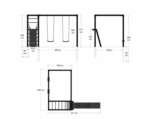 Måttritning av en lekplats med gunga, stege och rutschkana