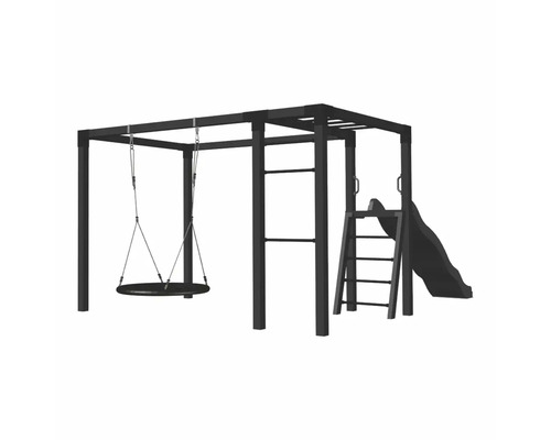 Lekplats med gunga, klätterställning och rutschkana