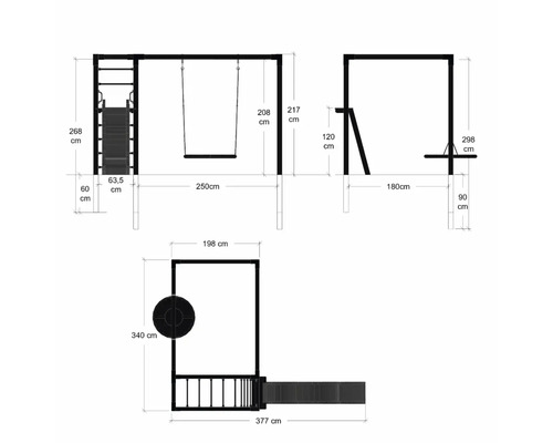 Mått på lekplatsen med klättervägg, gunga och rutschkana