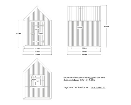 Teknisk ritning av ett trädgårdsskjul med måttangivelser för höjd, bredd och golvyta