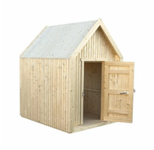 Trädgårdsskjul i trä med öppen dörr