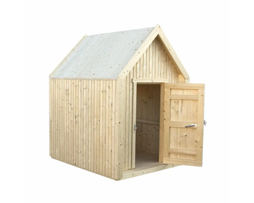 Trädgårdsskjul i trä med öppen dörr