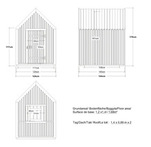 Teknisk ritning av ett trädgårdsskjul med mått