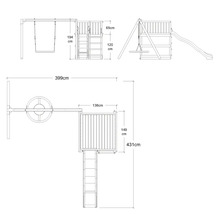 Teknisk ritning av en lekplats med gunga, rutschkana och klätterställning med mått.