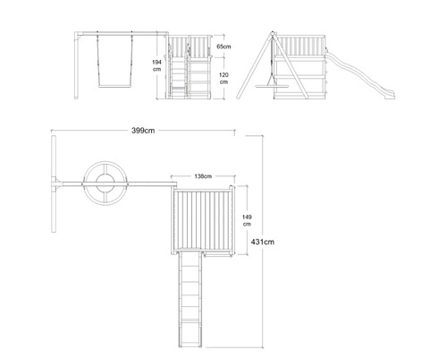 Teknisk ritning av en lekplats med gunga, rutschkana och klätterställning med mått.