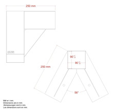 Teknisk ritning av ett hörnskåp med måttangivelser