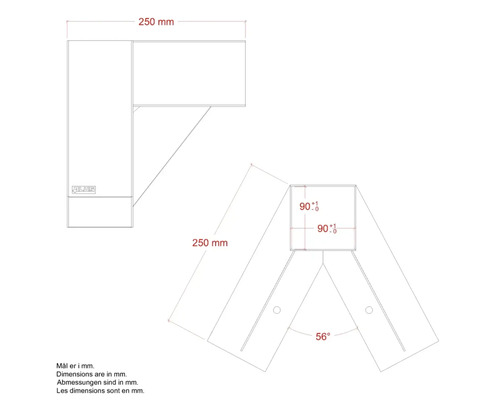 Teknisk ritning av ett hörnskåp med måttangivelser