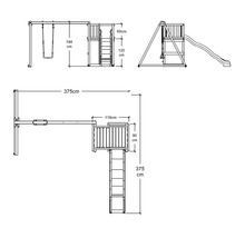 Teknisk ritning av en lekplats med gunga, klätterställning och rutschkana med mått.