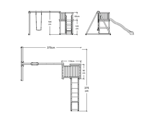 Teknisk ritning av en lekplats med gunga, klätterställning och rutschkana med mått.