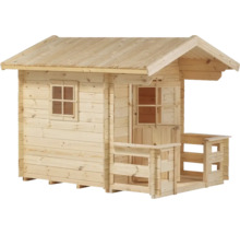 Lekstuga i trä med två fönster och veranda