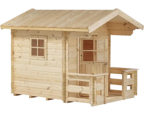 Lekstuga PLUS 134×134cm + 58cm terrass inkl. takpapp Lekstuga i trä med två fönster och veranda