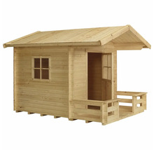 Lekstuga i trä med fönster, dörr och veranda