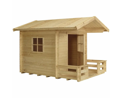 Lekstuga i trä med fönster, dörr och veranda