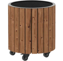 Rund blomkruka i trä med hjul