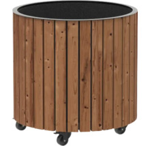 Rund planteringslåda i trä med hjul