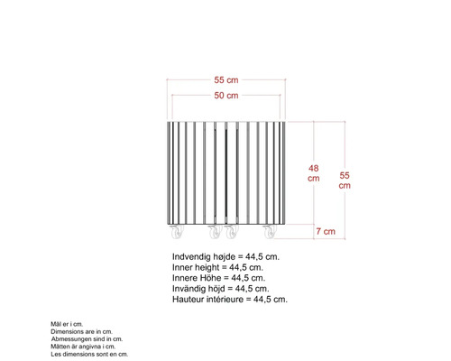 Teknisk ritning av en rullcontainer med mått i centimeter