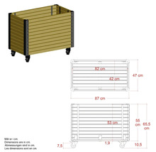 Bild av en träplanteringslåda med hjul och måttangivelser