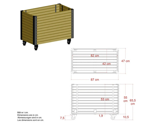 Bild av en träplanteringslåda med hjul och måttangivelser