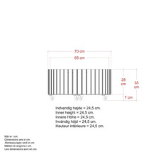 Teknisk ritning av en möbel med mått i centimeter
