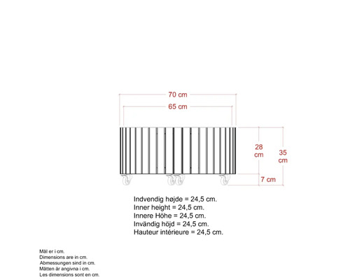 Teknisk ritning av en möbel med mått i centimeter