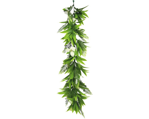 Konstgjord blomstergirlang med gröna blad och vita blommor