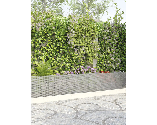 Trädgård med insynsskydd, klätterväxter och stenlagd golv