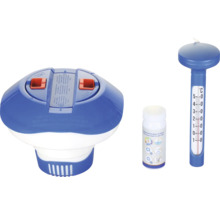 Poolvårdsset med doseringsflottör, testremsor och termometer för vattenanalys