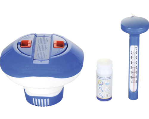 Poolvårdsset med doseringsflottör, testremsor och termometer för vattenanalys