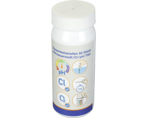 Vattenteststickor, burk med 50 stycken för mätning av aktivt syre, klor, pH-värde och TAC