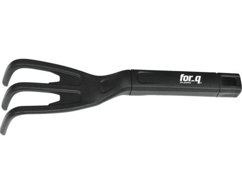 Trädgårdskultivator med tre tänder och for_q logotyp