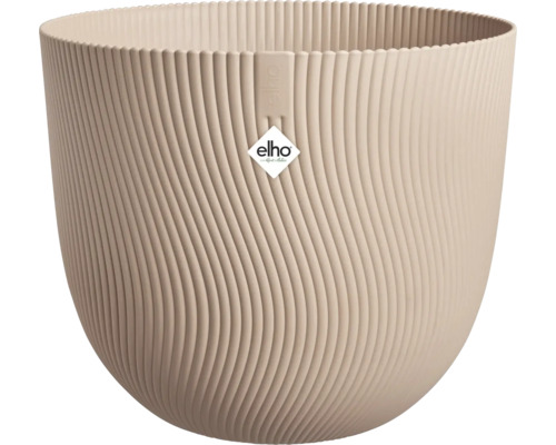 Beige blomkruka med vågformad design och Elho-logotyp