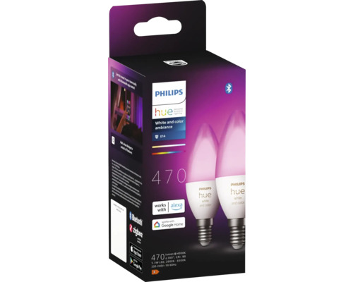 Förpackning med två Philips Hue E14-lampor med vit och färgad atmosfär