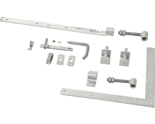 Diverse metallstängselbeslag, inklusive spärrar, band och vinklar