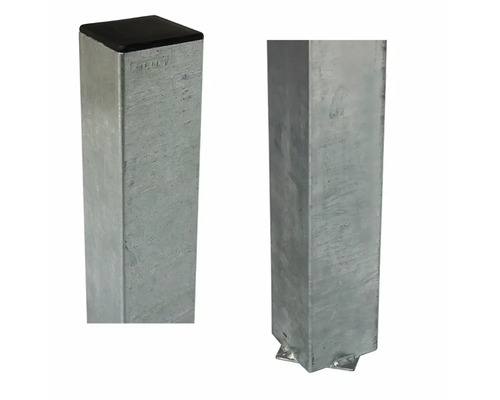 Två stålstolpar med ändstycke och fotplatta