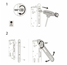 Instruktion för att installera Locinox-låset med en 3 mm insexnyckel och en 180 graders rotation.
