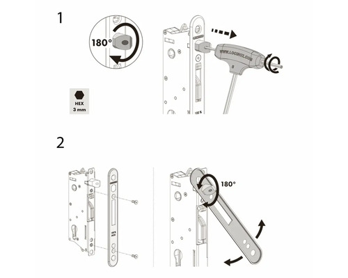 Instruktioner för att installera ett Locinox-lås med en 3-millimeters insexnyckel och en 180-graders vridning.