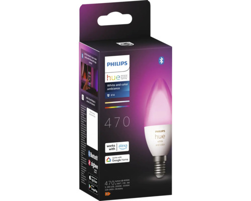 Philips Hue White and Color Ambiance lampa E14 i produktförpackning